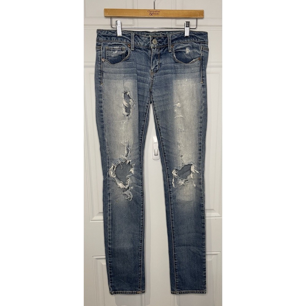 American Eagle Womens Size 8 X Long Stretch Skinny Jeans Denim Ripped Distressed
